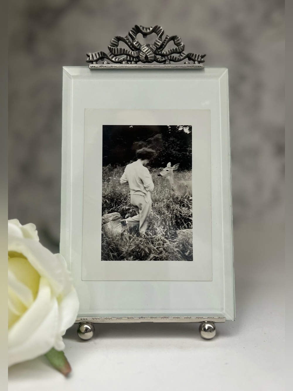 Vintage 4x6 Beveled Glass Frame with Metal Ribbon Bow